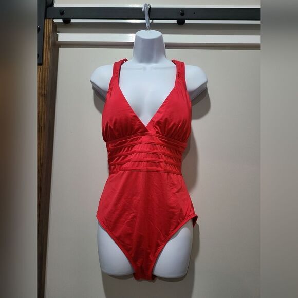 La Blanca Island Goddess Multi-Strap Cross-Back One Piece NWOT size 12 Red - Picture 2 of 4